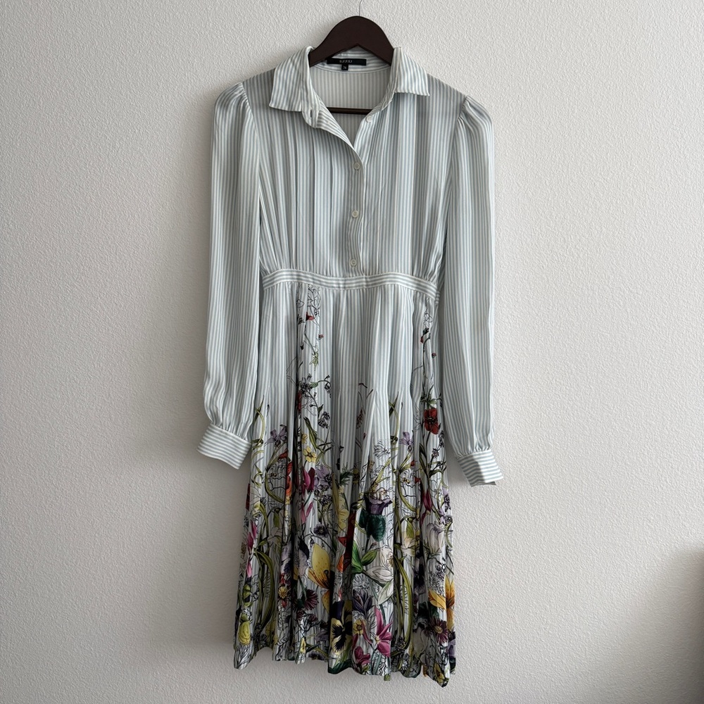 Gucci Pale Blue Striped Long Sleeve Shirt Dress with Floral Skirt
